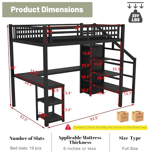 Queen Loft Bed with L-Shaped Desk and Stairs, Metal Frame, Black F92113