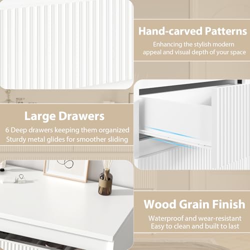 White 6 Drawer Dresser for Bedroom, Modern Fluted with Deep Drawers L14151