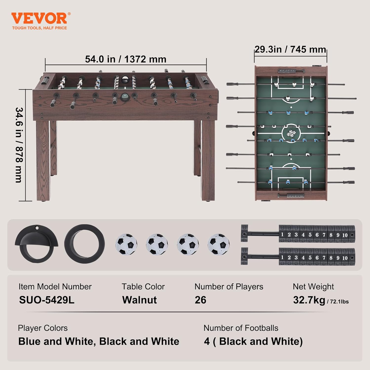 55 Inch Foosball Table with 4 Balls and 2 Cup Holders C8358