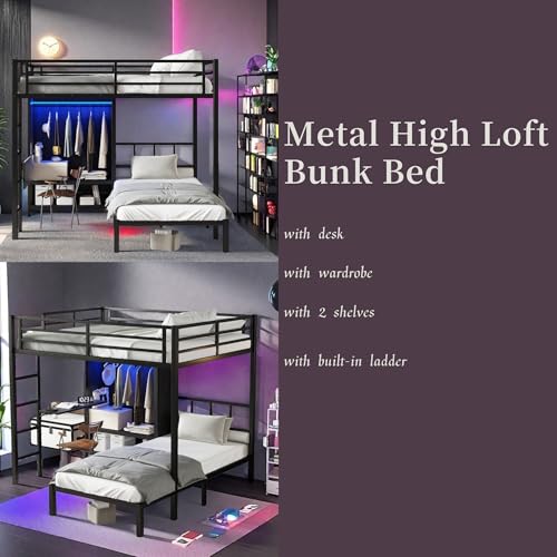 Metal Bunk Bed with Wardrobe Full XL Over Twin L-Shaped with Desk and Shelves R307