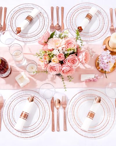 350PCS Clear Plastic Plates with Gold Trim for 50 Guests, Disposable Dinnerware Set O686017