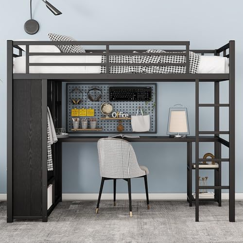 Metal Loft Bed with Wardrobe and L-Shaped Desk, Full Size with Storage Cubes and Shelves J450846