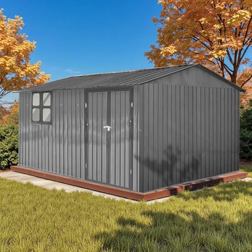 10 x 8 ft Outdoor Storage Shed, Metal Building with Windows and Lockable Doors, Grey Q206