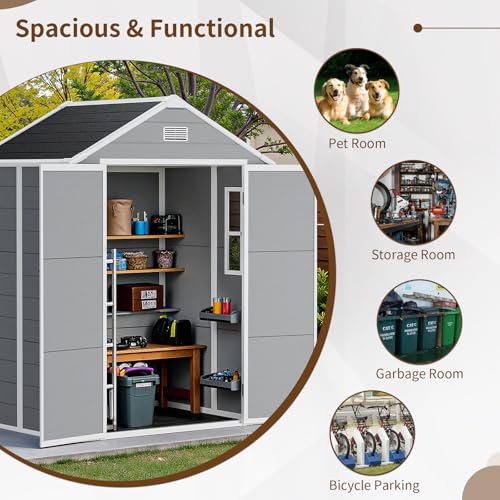 Resin Outdoor Storage Shed with Floor and Window, Lockable Small Tool Shed for Garden Patio Backyard, Light Gray V985