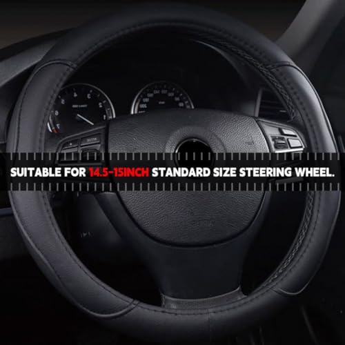 Leather Car Steering Wheel Cover, Soft Breathable Anti-Slip, 14.5-15 Inch Universal Fit P46822