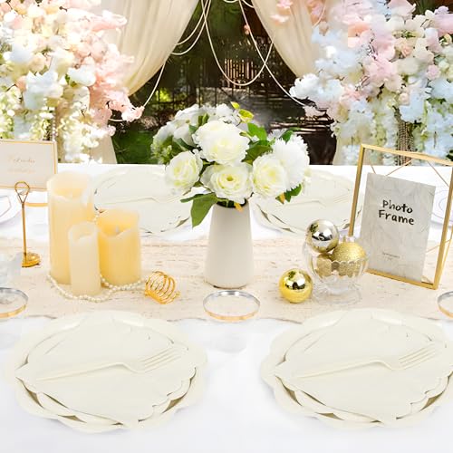 Ivory Paper Plates and Napkins Set for 50 Guests, Disposable Tableware with Utensils M509