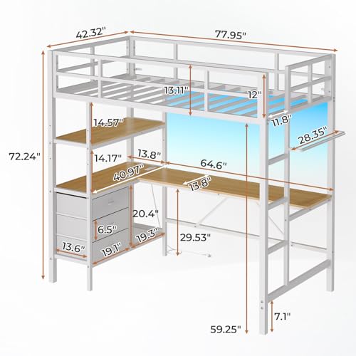 Loft Bed Full Size with L-Shaped Desk and Charging Station G796