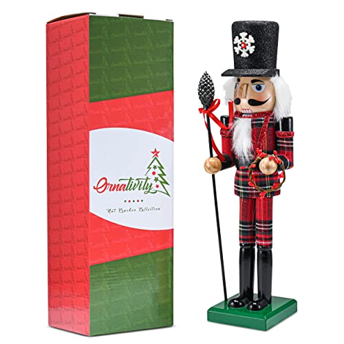 Christmas Buffalo Plaid Nutcracker Soldier with Acorn Staff, 15-Inch Wooden Holiday Decor X91654