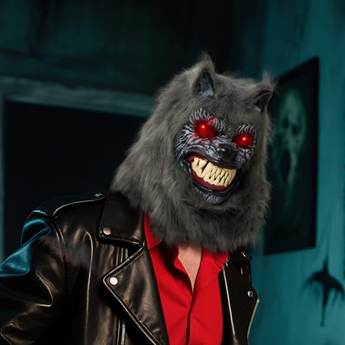 LED Halloween Wolf Werewolf Mask with Movable Jaw for Adult Cosplay Q650
