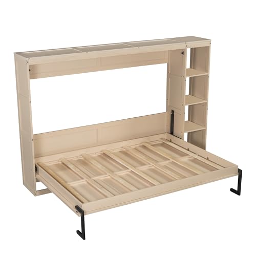 Full Size Horizontal Murphy Bed with Shelves, Foldable into Cabinet W154373
