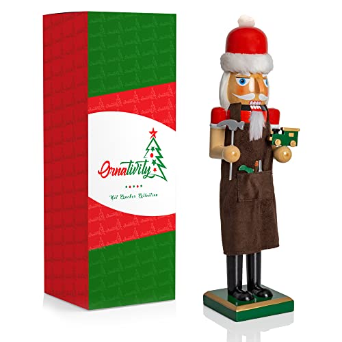 Red and Green Wooden Nutcracker Man with Toy Car and Hammer, 15" K127