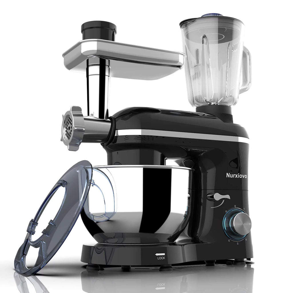 Nurxiovo Stand Mixer 850W 6 Speed Tilt-Head Kitchen Mixer with 6.5QT Mixer with Stainless Steel Bowl, Dough Hook Whisk Beater, Multifunction 3 in 1 Standing Mixers and Juice Extractor Black