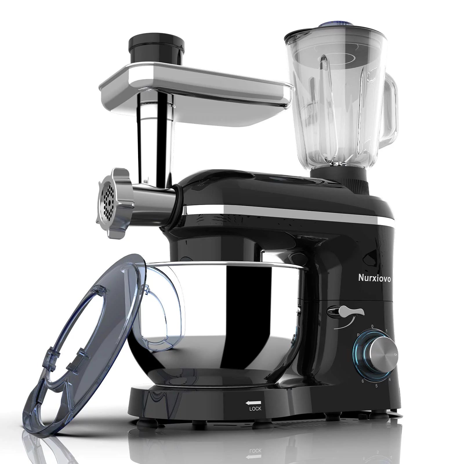 Nurxiovo Stand Mixer 850W 6 Speed Tilt-Head Kitchen Mixer with 6.5QT Mixer with Stainless Steel Bowl, Dough Hook Whisk Beater, Multifunction 3 in 1 Standing Mixers and Juice Extractor Black