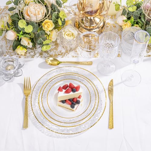 350PCS Clear Plastic Plates with Gold Trim for 50 Guests, Disposable Dinnerware Set O686017