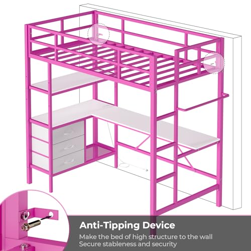 Loft Bed Full Size with L-Shaped Desk and Charging Station G796