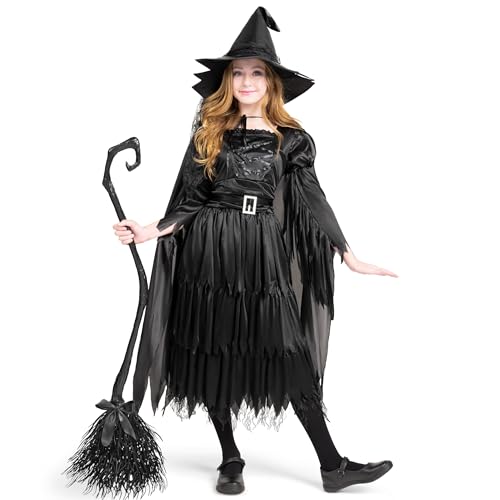 Kids Witch Costume with Broom and Hat, Halloween Party Dress, XL R9875