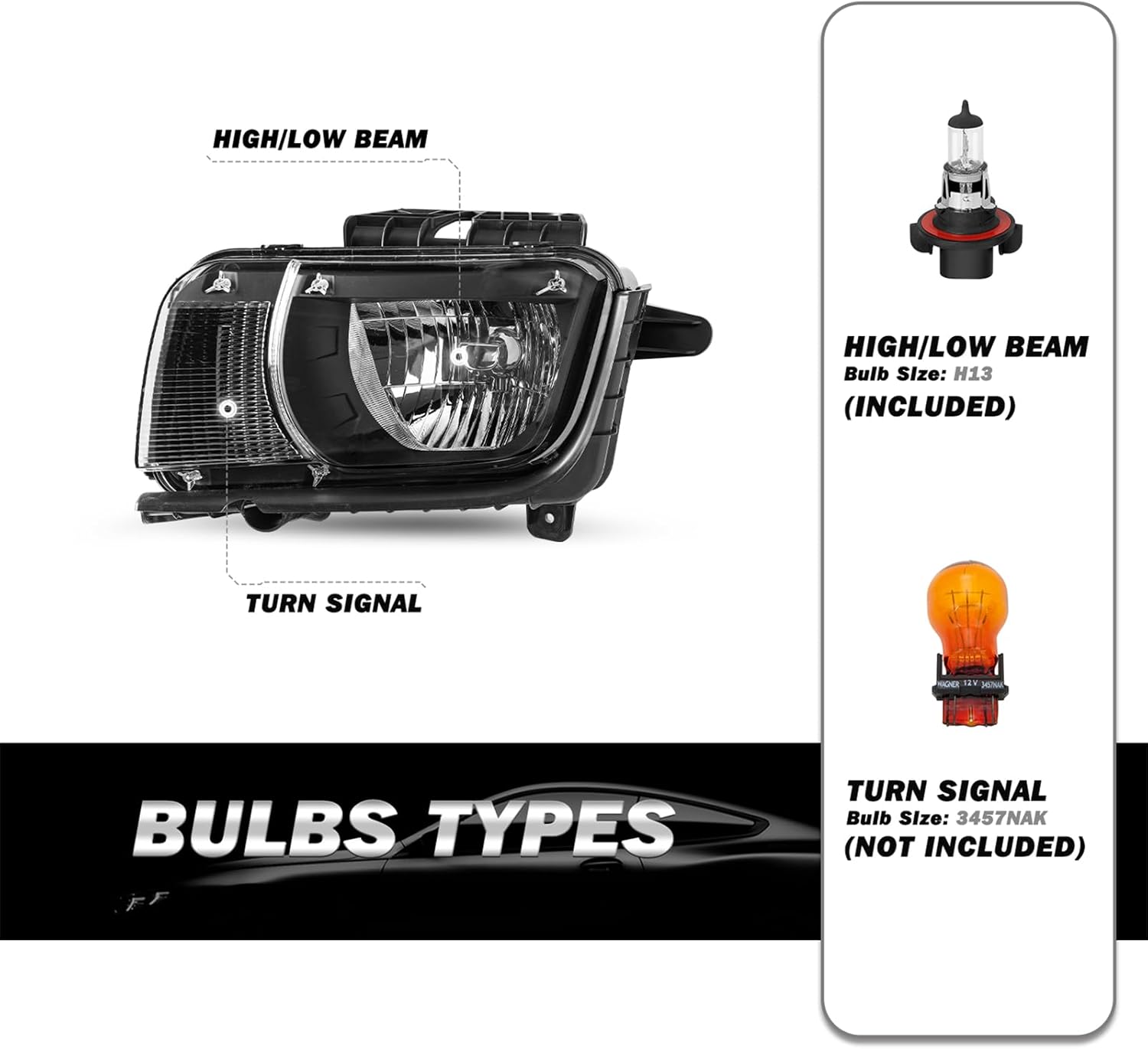 Headlight Assembly for 2010-2013 Chevy Camaro Halogen Front Headlamp Replacement L7552
