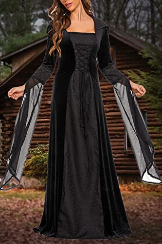 Medieval Victorian Dress for Women, Vintage Witch Halloween Costume with Hood W9109