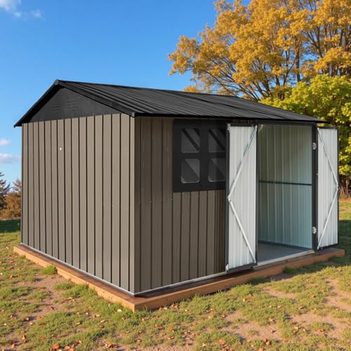10 x 8 ft Outdoor Storage Shed, Metal Building with Windows and Lockable Doors, Grey Q206