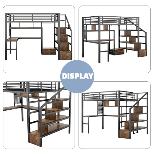 Queen Loft Bed with L-Shaped Desk and Stairs, Metal Frame, Black F92113