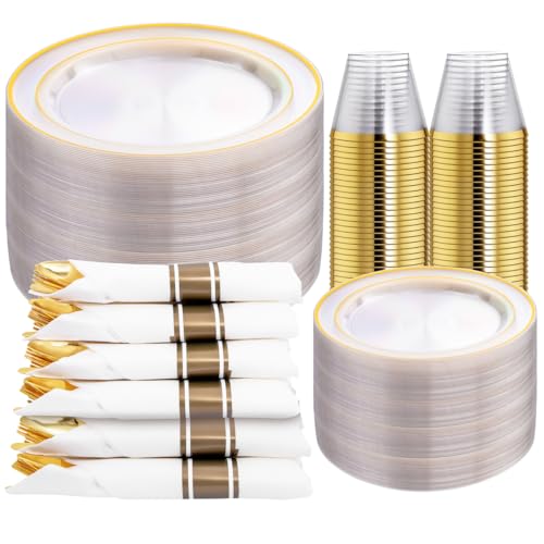 350PCS Clear Gold Plastic Dinnerware Set for 50 Guests, Disposable Plates, Cups & Silverware N692