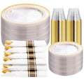 350PCS Clear Gold Plastic Dinnerware Set for 50 Guests, Disposable Plates, Cups & Silverware N692
