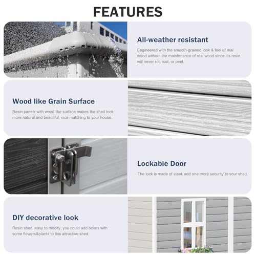 Outdoor Resin Storage Shed with Floor 8x6x7 FT Waterproof, Gray U422