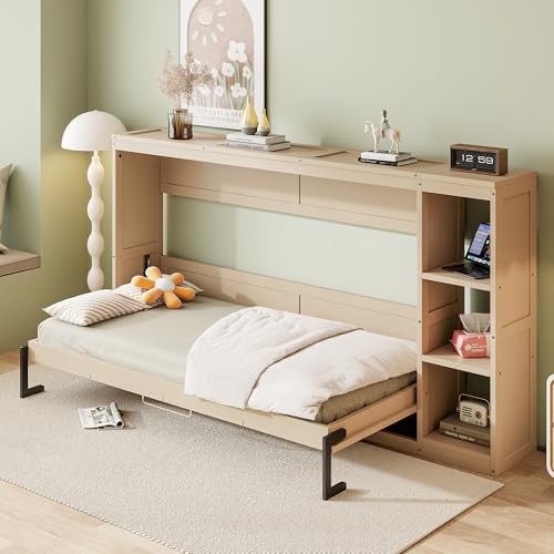 Full Size Horizontal Murphy Bed with Shelves, Foldable into Cabinet W154373