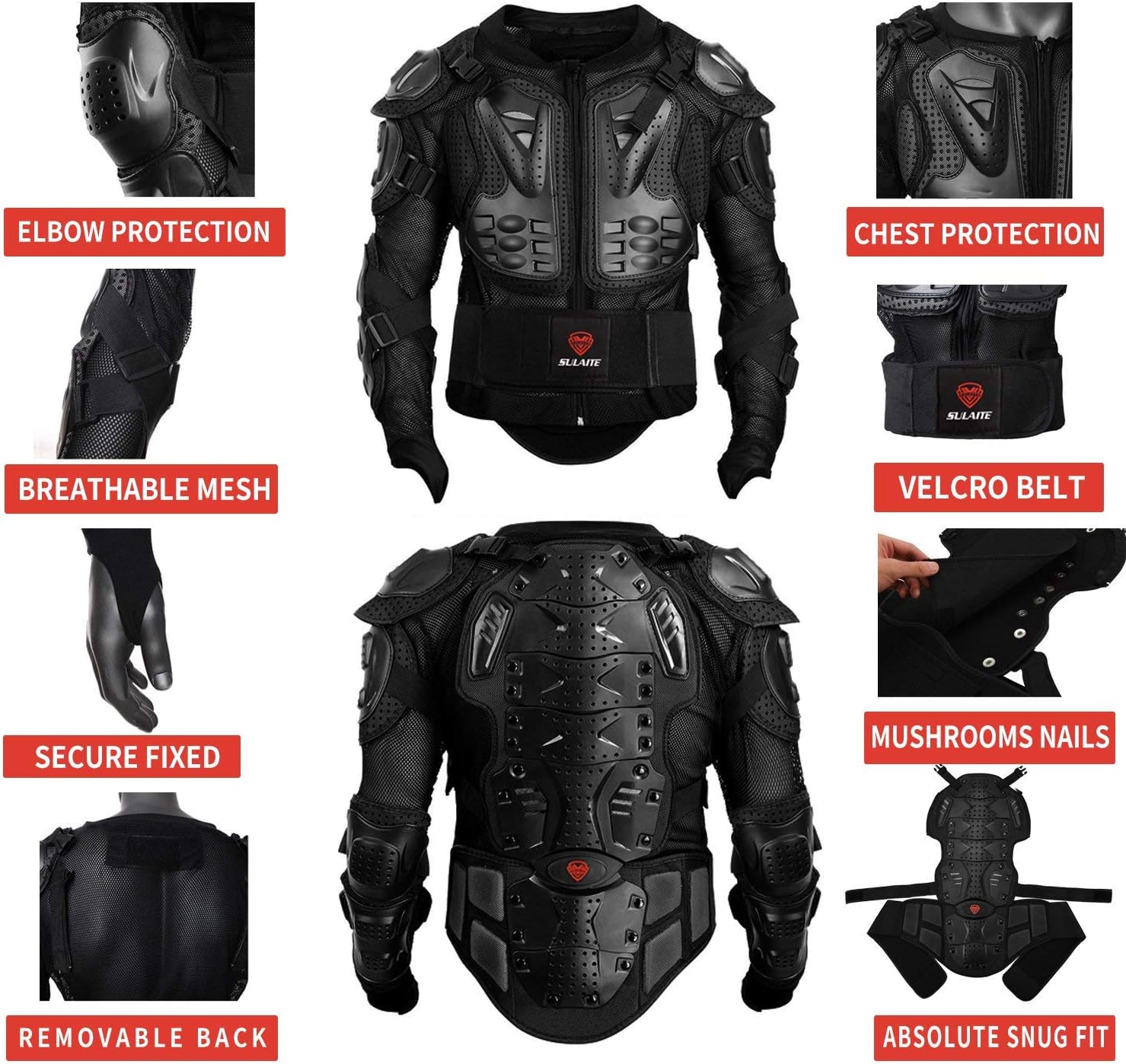 Motorcycle Protective Jacket and Knee Pads Guard Gear, Black Adjustable U324606