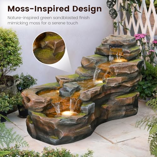 37" Outdoor Garden Water Fountain, 5-Tier Rock Waterfall with LED Lights H197