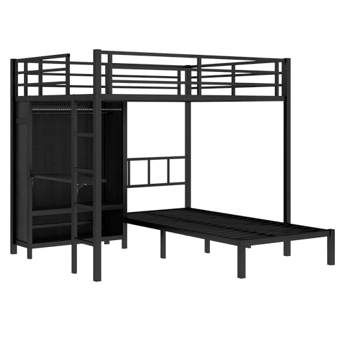 Metal Bunk Bed with Wardrobe Full XL Over Twin L-Shaped with Desk and Shelves R307
