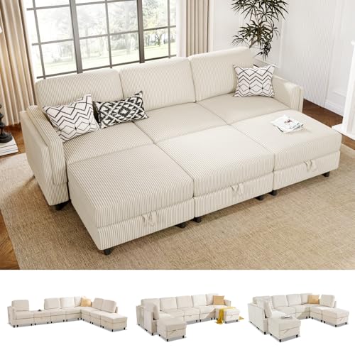 Modular Sectional Sofa Bed with Storage Ottoman, Beige S706