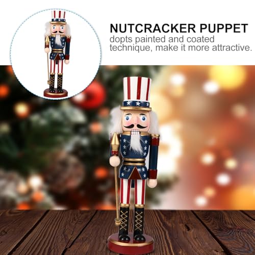 Patriotic Nutcracker Figurines Wooden Soldier Statue with Cane for Independence Day Decoration C859373