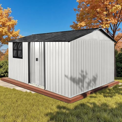 10 x 8 ft Outdoor Storage Shed, Metal Building with Windows and Lockable Doors, Grey Q206
