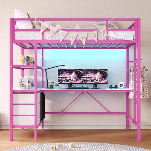 Loft Bed Full Size with L-Shaped Desk and Charging Station G796