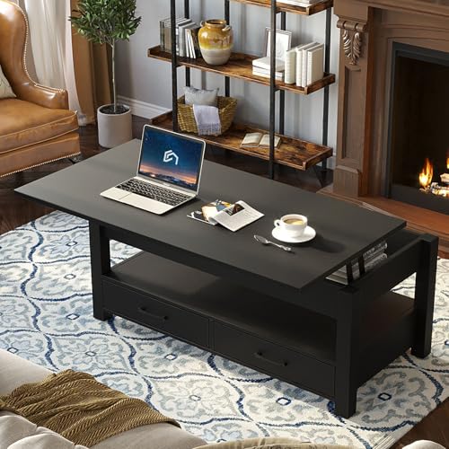 Lift Top Coffee Table with Drawers and Hidden Compartment, Wooden Retro Design for Living Room N4328