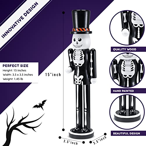 Skeleton Nutcracker Figure with Top Hat, Black and White Wooden Christmas Halloween Decor 15" O46743