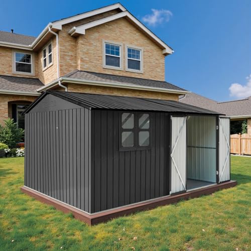 10 x 8 ft Outdoor Storage Shed, Metal Building with Windows and Lockable Doors, Grey Q206
