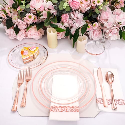 350PCS Clear Gold Plastic Dinnerware Set for 50 Guests, Disposable Plates, Cups & Silverware N692
