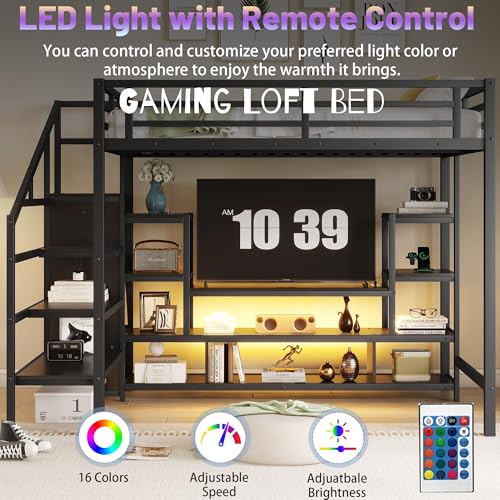 Queen Loft Bed with L-Shaped Desk and Stairs, Metal Frame, Black F92113