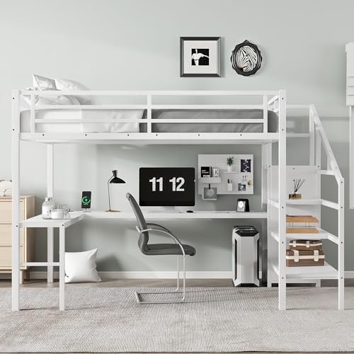 Queen Size Loft Bed with LED Lights, USB Ports and L Shaped Desk T2498
