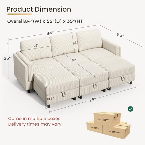 Modular Sectional Sofa Bed with Storage Ottoman, Beige S706