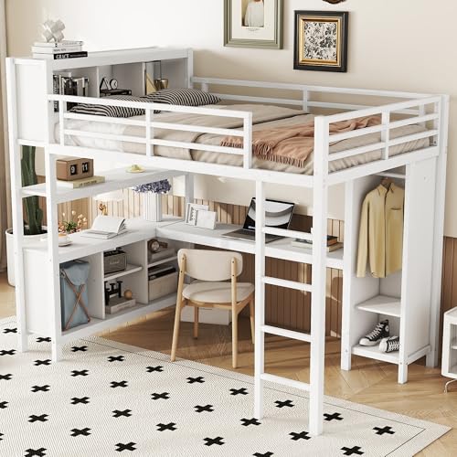 Full Loft Bed with Desk, Storage Shelves, and Wardrobe, Heavy-Duty Frame, Black K6320