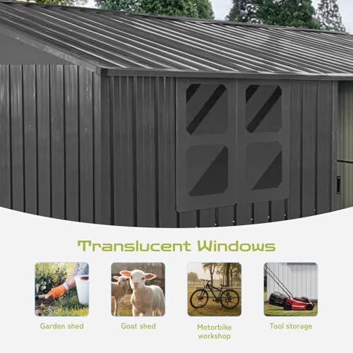 10 x 8 ft Outdoor Storage Shed, Metal Building with Windows and Lockable Doors, Grey Q206