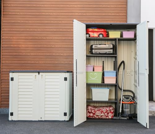 Horizontal Outdoor Storage Shed, 47 Cu.ft Resin Waterproof Cabinet for Garden Patio Backyards F5157