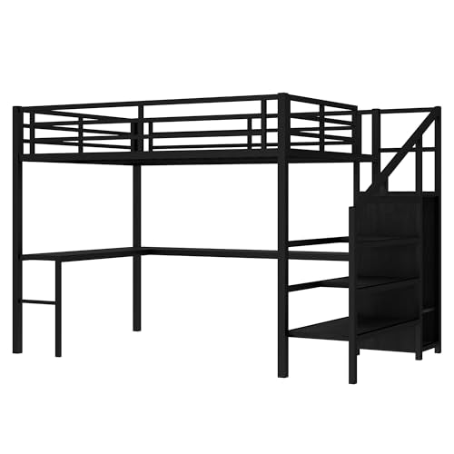 Queen Size Loft Bed with LED Lights, USB Ports and L Shaped Desk T2498