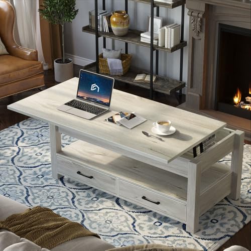 Lift Top Coffee Table with Drawers and Hidden Compartment, Wooden Retro Design for Living Room N4328