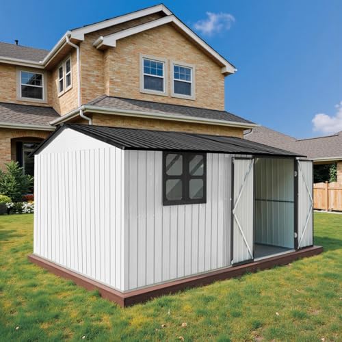10 x 8 ft Outdoor Storage Shed, Metal Building with Windows and Lockable Doors, Grey Q206