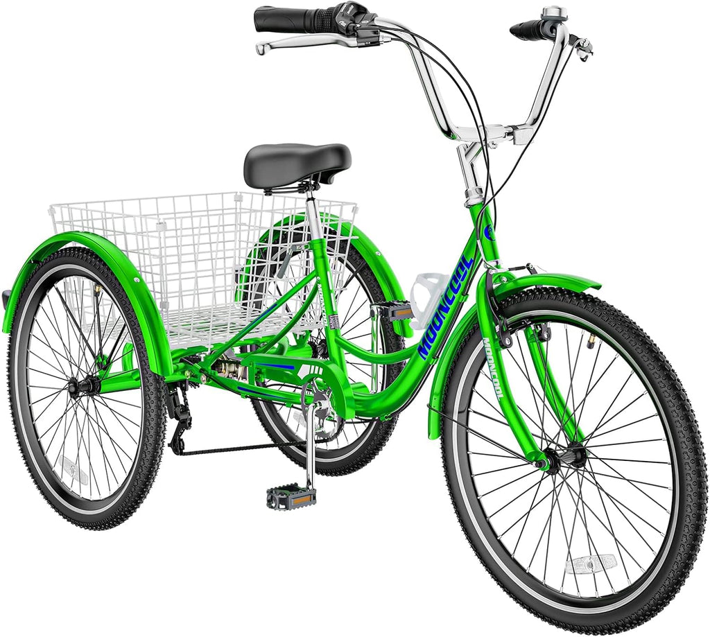 Adult Tricycle 7 Speed 3 Wheel Bike Adult Trikes, Three-Wheeled Bicycles Cruise Trike with Basket for Seniors, Women, Men for Recreation Shopping (24", Apple Green)