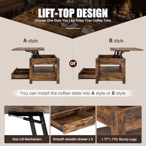 Lift Top Coffee Table with Drawers and Hidden Compartment, Wooden Retro Design for Living Room N4328